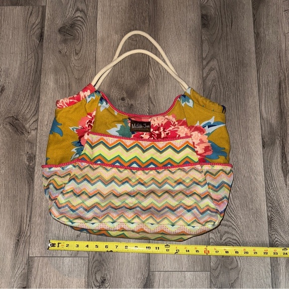 Matilda Jane Clothing Yellow Pink Floral Chevron Gather It Up Tote Bag - Picture 6 of 6